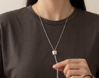 Silver Bolo Tie for Women, Modern Snake Chain Bolo Necklace, Adjustable Geometric Lariat Necklace, Minimalist Jewelry Gift for Her