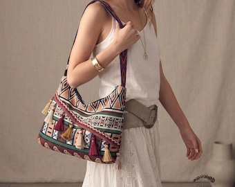 Boho Jacquard Crossbody Bag, Vintage Tassel Shoulder Purse, Ethnic Slouchy Hobo Bag, Hippie Festival Bag, Romantic Gift for Her
