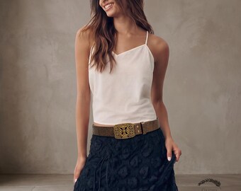 Y2K Bohemian Embossed Belt, Vintage Floral Buckle PU Leather Belt, Boho Wide Waist Belt for Women, Western Dress Belt, Retro Y2K Accessory