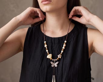 Boho Butterfly Long Necklace, Vintage Ceramic Bead Sweater Chain, Ethnic Statement Pendant Jewelry, Romantic Gift for Her, Adjustable Cord