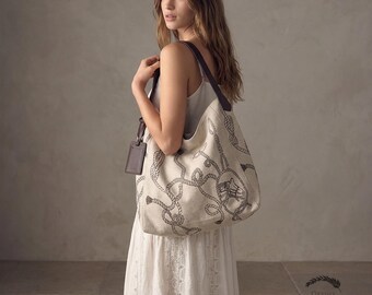 Bohemian Linen Tote Bag, Vintage Printed Canvas Shoulder Bag, Large Capacity Shopper, Women Commuter Bag, Casual Boho Handbag, Gift for Her