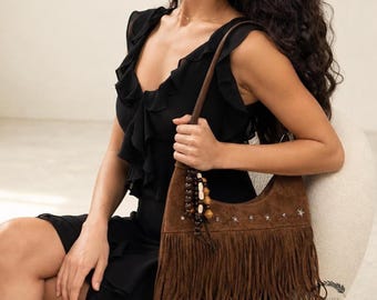 Boho Suede Fringe Crossbody Bag, Vintage Fringe Shoulder Purse for Women, Western Festival Hobo Bag, Hippie Tassel Handbag, Gift for Her