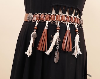 Bohemian PU Leather Belt, Vintage Tassel Waist Belt for Women, Boho Fringe Festival Belt, Western Gypsy Accessories, Y2K Fashion Belt