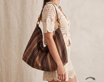 Boho Canvas Tote Bag, Large Bohemian Shoulder Bag, Vintage Ethnic Purse, Everyday Slouchy Hobo Bag, Gift for Her, Hippie Canvas Shopper