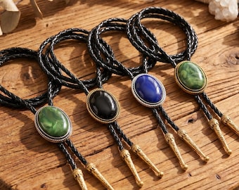Oval Natural Stone Bolo Tie, Braided Leather Cord, Western Cowboy Necktie