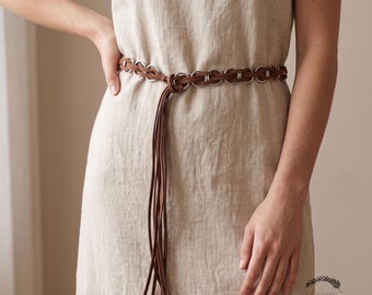 Boho Chain Belt for Women, Vintage Vegan Leather Dress Tie Belt, Tassel Ring Waist Chain, Festival Gift for Her