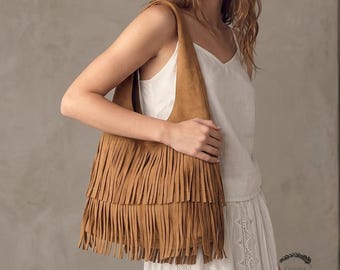 Boho Fringe Tote Bag, Vegan Suede Shoulder Bag, Vintage Tassel Purse, Hippie Slouchy Hobo Bag, 70s Western Handbag, Gifts for Her