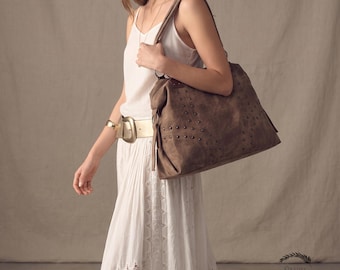 Vintage PU Leather Tote Bag, Studded Shoulder Bag for Women, Large Capacity Crossbody Bag, Boho Everyday Handbag, Y2K Grunge Purse
