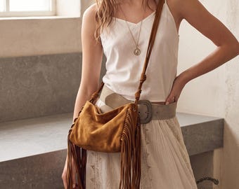 Boho Fringe Crossbody Bag, Faux Suede Tassel Shoulder Bag, Vintage Bohemian Purse, Hippie Festival Bag, Everyday Hobo Bag for Women
