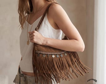 Boho Fringe Crossbody Bag, Vintage Suede Shoulder Purse, Western Festival Saddle Bag with Tassels, Tribal Gypsy Coin Bag Gift for Her