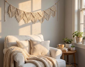 Macrame Wall Hanging, Boho Wall Decor, Woven Garland Bunting, Bohemian Tapestry Banner, Nursery Wall Art, Bedroom Decor, Gift for Her