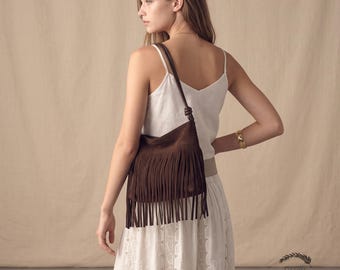 Boho Fringe Crossbody Bag, Suede Shoulder Purse, Festival Tassel Bag, Vintage Vegan Leather Handbag, Western Aesthetic Gift for Her