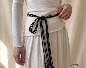 Boho Woven Waist Belt, Wax Rope Tassel Belt for Dress, Bohemian Beaded Tie Belt, Vintage Women Accessory, Macrame Dress Belt, Gift for Her
