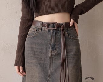 Vintage Woven Tassel Belt, Boho Wide Waist Belt, Vegan Leather Fringe Belt for Dresses, Long Tie Wrap Belt, Sweet Surprise Gift for Her