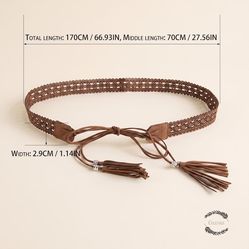 May include: A brown belt featuring a woven lattice pattern, a tie-front closure with long cords, and two tassels at the ends. The belt has a total length of 66.93 inches, a middle length of 27.56 inches, and a width of 1.14 inches as indicated.