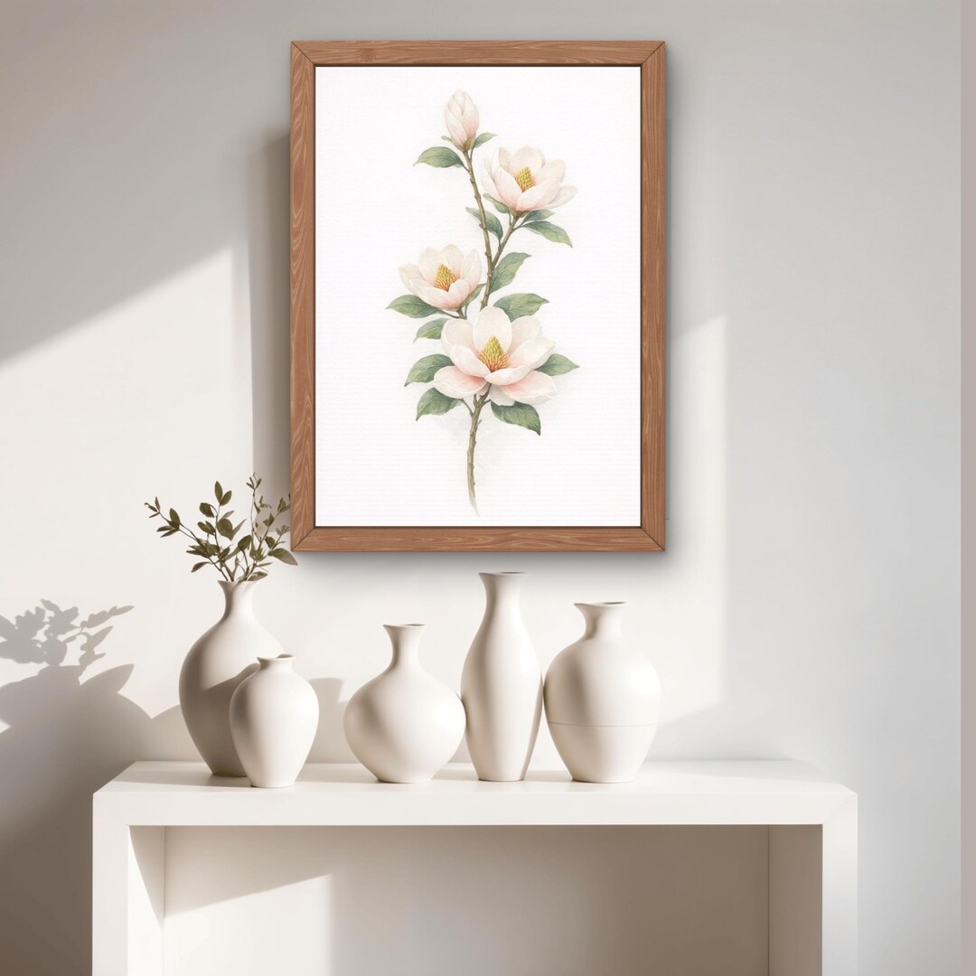 Magnolia Wall Art Set of 7, Ivory Botanical Watercolor Prints, Soft ...
