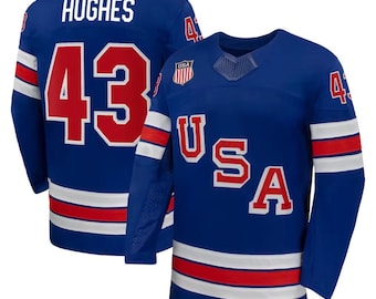 Maglia da hockey su ghiaccio Quinn Hughes da uomo, colore Royal USA, stagione invernale 2026, con cuciture a vista.