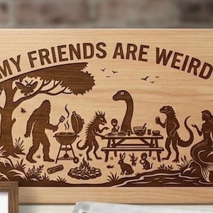 May include: Wooden cutting board with the phrase "MY FRIENDS ARE WEIRD" engraved. The board features a whimsical scene of mythical creatures and a barbecue. A Bigfoot figure grills, while others dine at a picnic table. A mermaid sits nearby.