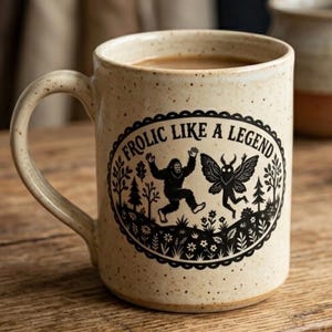 Può includere: Tazza in ceramica beige macchiata, riempita con un liquido marrone chiaro. La tazza ha un manico grande e presenta una grafica nera di un Bigfoot e una creatura alata con il testo "FROLIC LIKE A LEGEND" in una cornice ovale nera.