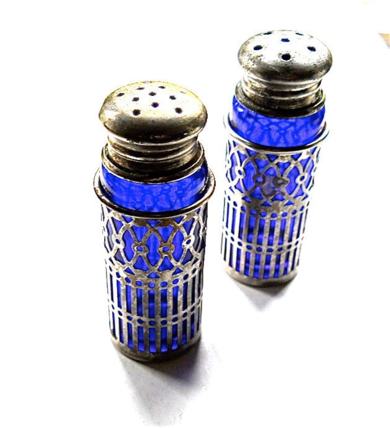 Vintage Salt Pepper Shakers Cobalt Blue and Silver Etsy
