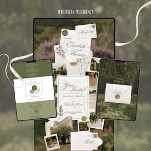 May include: A collection of wedding stationery, including invitations, RSVP cards, and envelopes, arranged on a blurred floral background. The invitations feature elegant calligraphy and botanical illustrations. The text "Wisteria Wedding" is at the top.