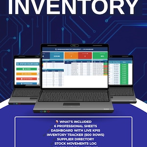May include: A digital graphic promoting warehouse inventory management software. The image features three laptops displaying dashboards with data visualizations. Text includes "Warehouse Inventory," "What's Included," and "Shop Now."