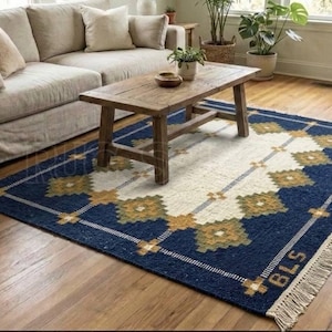 Puede incluir: Una alfombra rectangular azul y crema con un patrón geométrico, bordes con flecos y las letras "BLS" en la esquina. La alfombra está colocada sobre un suelo de madera en un salón, con un sofá y una mesa de centro.