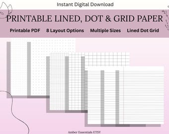 Lined, Dot, Grid Paper | Blank Writing Paper Printable | Lined Paper, Dot Grid, Graph Paper | A4 A5 US Letter | Instant Download