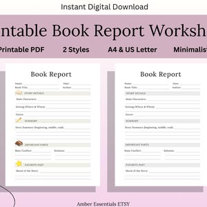 May include: Printable book report worksheet with two styles, available as a digital download. The design is minimalist, with sections for story details, summary, and favorite parts. Includes A4 and US Letter sizes.