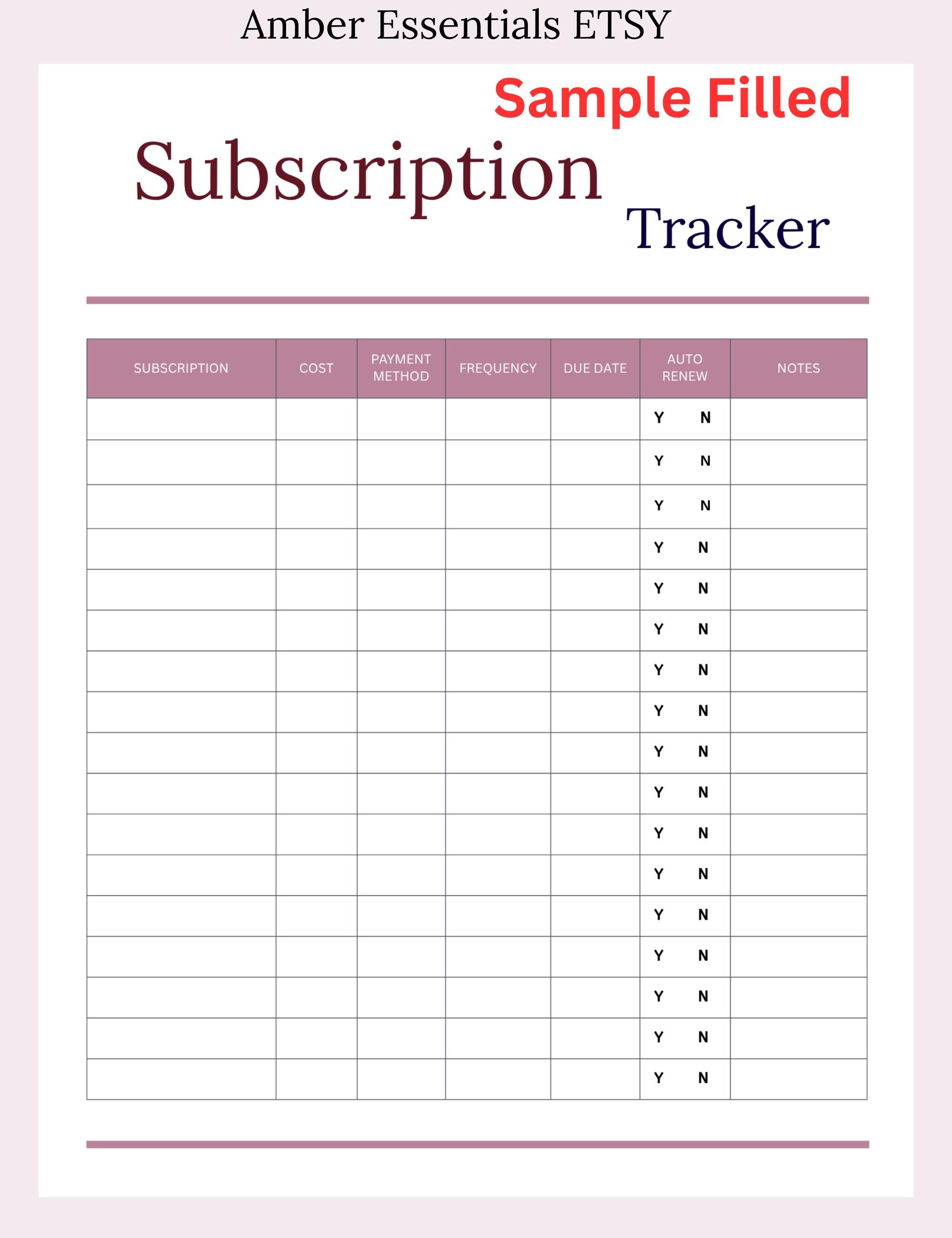 Subscription Tracker Printable & Editable Template | Bill Tracker ...