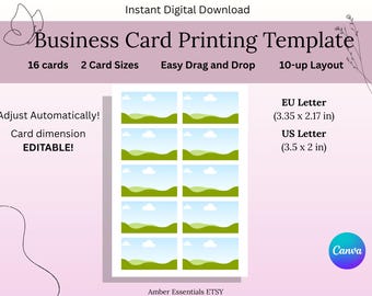 Business Card Printing Template | Editable Canva 10-Up Layout | US & EU Card Sizes | Drag and Drop Printable | A4 Instant Download