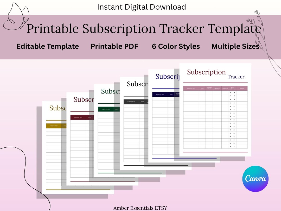Subscription Tracker Printable & Editable Template | Bill Tracker ...