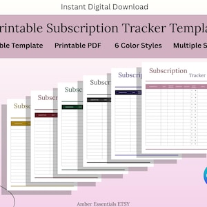 May include: A digital download of a printable subscription tracker template. The image shows six different colour styles of the template, each with a header that reads "Subscription Tracker". The template is described as editable, printable PDF, and available in multiple sizes.