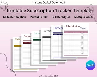 Subscription Tracker Printable & Editable Template | Bill Tracker | Monthly Subscription Log | Minimal Planner | A4 A5 US Letter