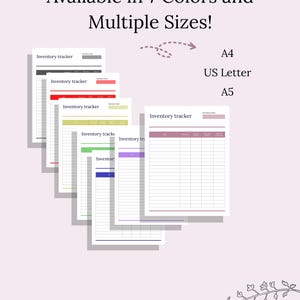 May include: A stack of inventory tracker sheets in various colors, including gray, red, yellow, green, blue, and purple. The text "Available in 7 Colors and Multiple Sizes!" is displayed above the sheets, with size options A4, US Letter, and A5.