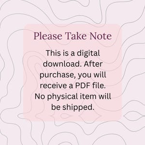 May include: A digital download notice with a pink background and a wavy pattern. The text "Please Take Note" is at the top, followed by information about the digital download, PDF file, and no physical item being shipped.
