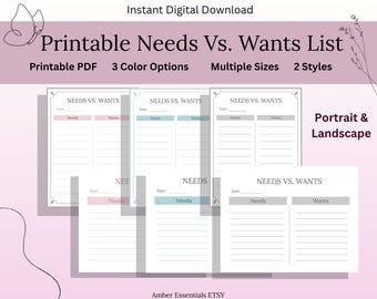 Needs vs Wants Printable Worksheet | Budget Planner Page | Personal Finance Printable | Spending Tracker | Money Management Worksheet | PDF