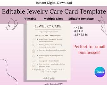 Editable Jewelry Care Card Template | Printable Handling Instructions Insert | Small Business Packaging Card | Minimalist Canva Template