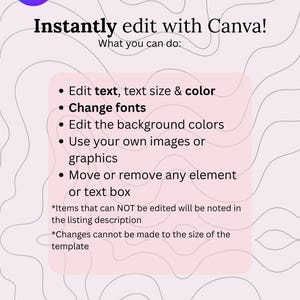 May include: A light pink graphic with the Canva logo in a blue circle in the upper left corner. Text reads "Instantly edit with Canva!" and lists editing options: text, fonts, background colors, images, and elements.