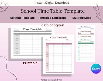 Editable School Timetable Printable | Class Schedule Template| Class Organizer| A4 A5 US | Portrait & Landscape | Weekly School Planner