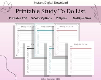 Study To Do List Printable | Study Task Planner | Checklist Worksheet | Minimal Student Planner | A4 A5 US Letter | Instant Download PDF