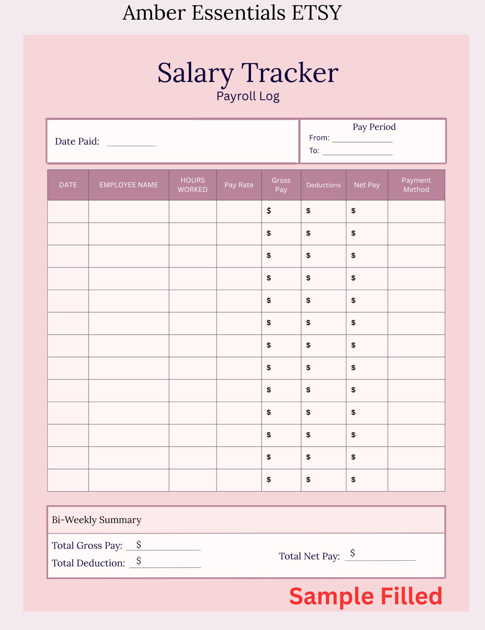 Salary Tracker Template | Payroll Log Printable | Employee Pay Tracker ...