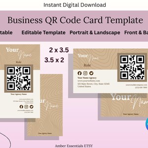 Puede incluir: Plantilla de tarjeta de visita con código QR, descarga digital instantánea. Diseño en beige y blanco, disponible en formatos vertical y horizontal, con dimensiones de 5.08 x 8.89 cm y 8.89 x 5.08 cm. Plantilla editable.