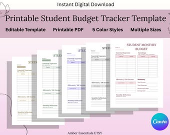 Student Budget Tracker Printable Template | Canva Budget Planner for Students | Monthly Income and Expense Log | College fund | A4 A5 US