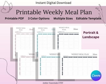 Weekly Meal Planner Printable PDF | Weekly Menu Planner Template | Editable Canva Template | Meal Planning Sheet | A4 A5 US Letter | PDF