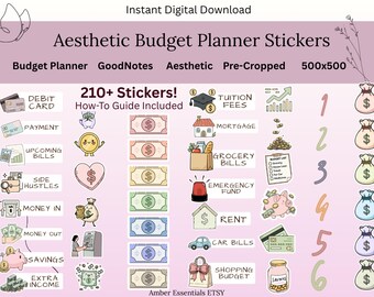 Budget Planner Digital Stickers | 250+ Aesthetic Finance Stickers | GoodNotes iPad Stickers | Pre-Cropped PNG | Money Productivity Decor