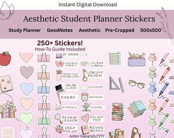 Study Planner Digital Stickers | 250+ Aesthetic Planner Stickers | GoodNotes iPad Stickers | Pre-Cropped PNG | Productivity Study Decor