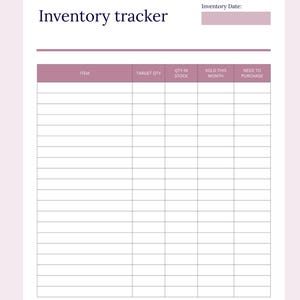May include: A printable inventory tracker with a mauve header and footer. The document includes fields for item, target quantity, quantity in stock, sales this month, and need to purchase. The text "Sample Filled" is at the bottom.