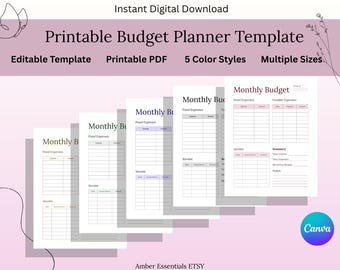 Budget Planner Printable Canva Template | Income and Expense Log | Personal Finance Worksheet | Minimal Money Tracker | A4 A5 US Letter