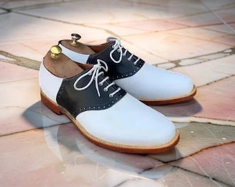 Men's Handmade Black & White Two Tone Leather Lace-up Oxford Casual Dress Shoes